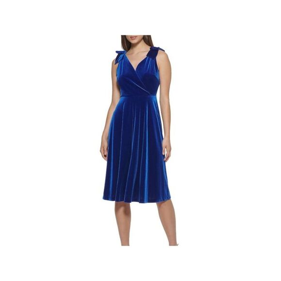 KENSIE DRESSES Womens Black Zippered Tie Lined Balloon Sleeve Surplice Neckline Below The Knee Fit + Flare Dress